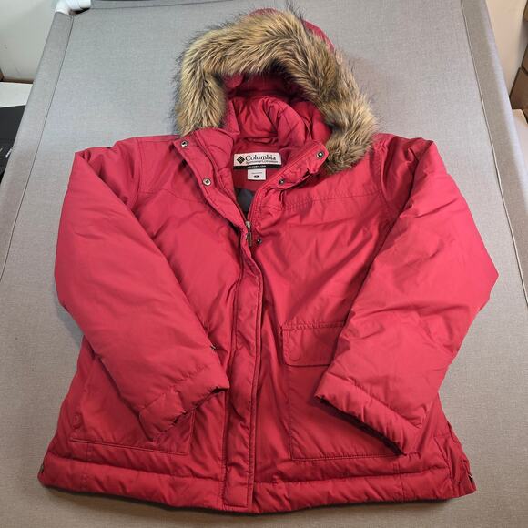 Columbia Women’s XL Red Down Parka Faux Fur Hood Warm Winter Coat - Picture 1 of 14